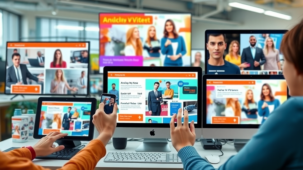vivid montage of display ad types including static banner, animated and interactive ad creatives on diverse devices for display advertising platforms, photorealistic digital marketing office