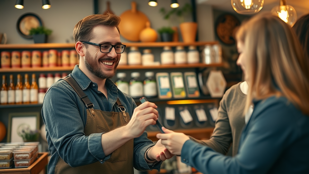Charismatic small business owner greeting loyal clients, brand story, strong brand, branding
