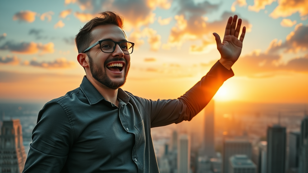 Entrepreneur launching a brand using advanced branding techniques with a sunrise cityscape