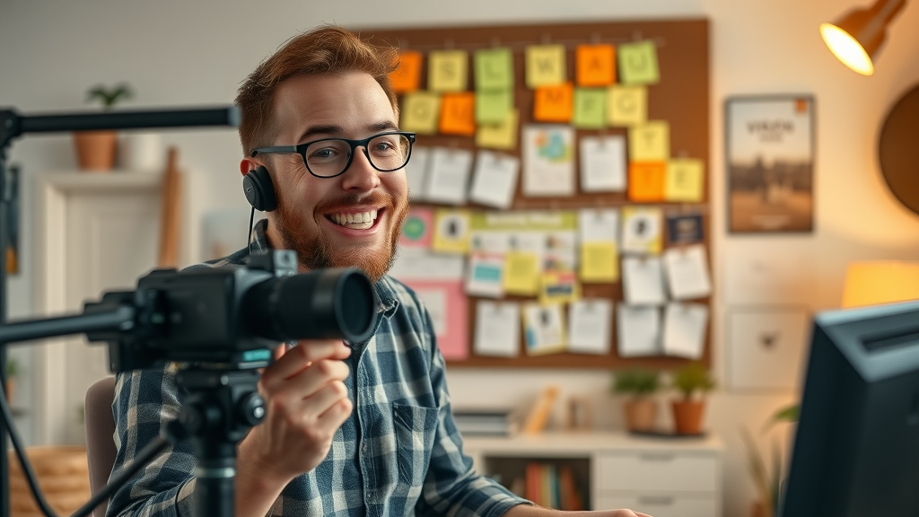 Content marketing strategy in action: creator producing vlog, organizing blog drafts and infographics in a creative studio