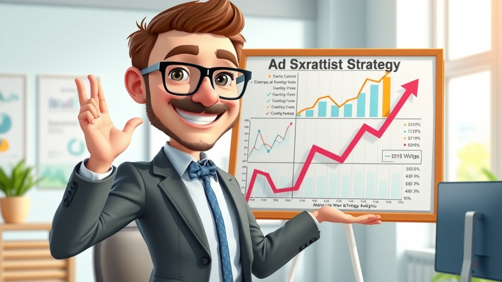confident ad strategist presenting a strategy board with optimization tips for display ads in a modern digital office, animated rising charts