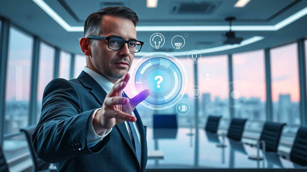 futuristic content marketing trends, AI icons and holographic displays, business professional