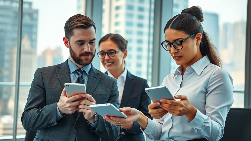 Professional businesspeople using reputation monitoring tools for online reputation management on multiple digital devices