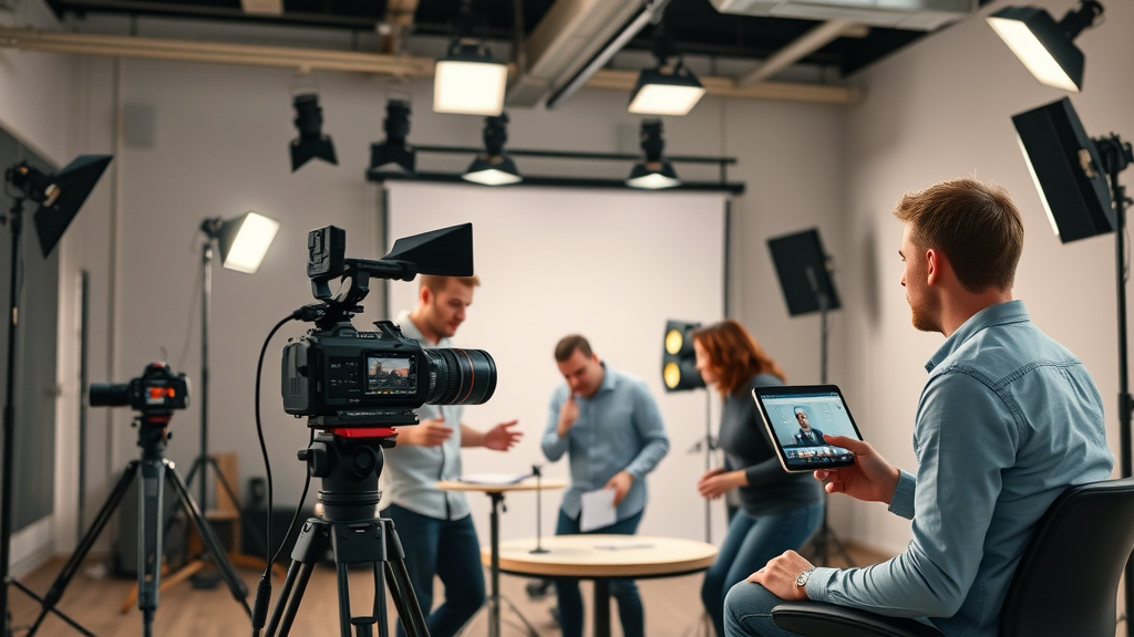 video production team planning content marketing funnel video, studio lights and cameras