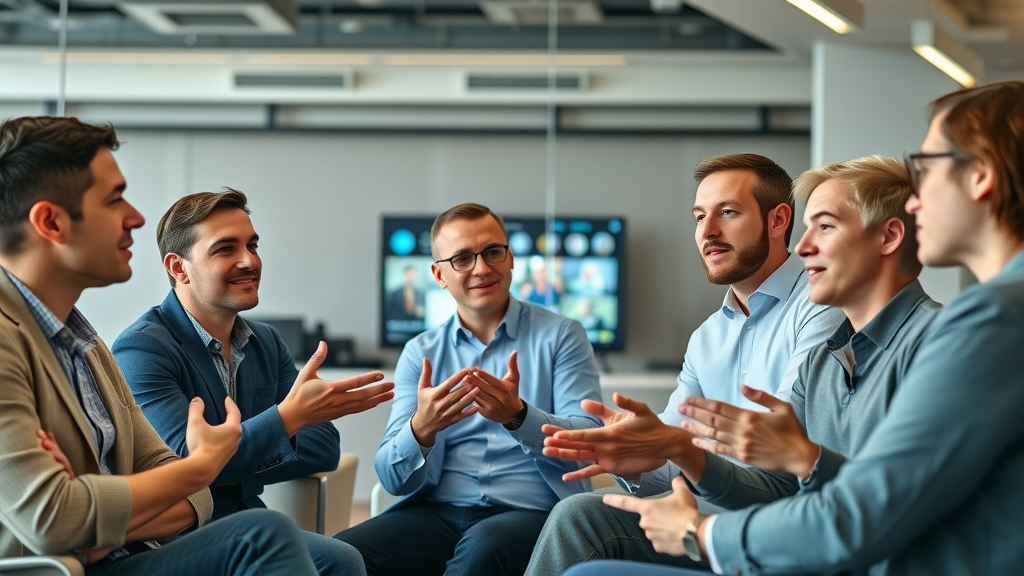 Panel of social media managers discussing future trends in a modern conference room