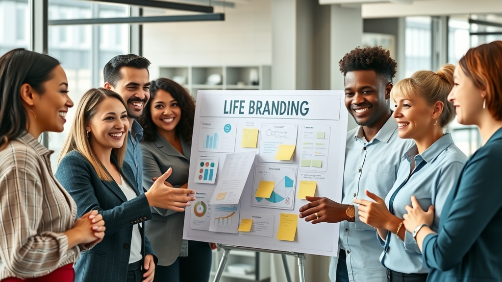 Vibrant team of diverse professionals collaborating around a creative branding board in a modern office with large windows showcasing branding elements, discussing with gestures and sticky notes, crisp focus and natural daylight.
