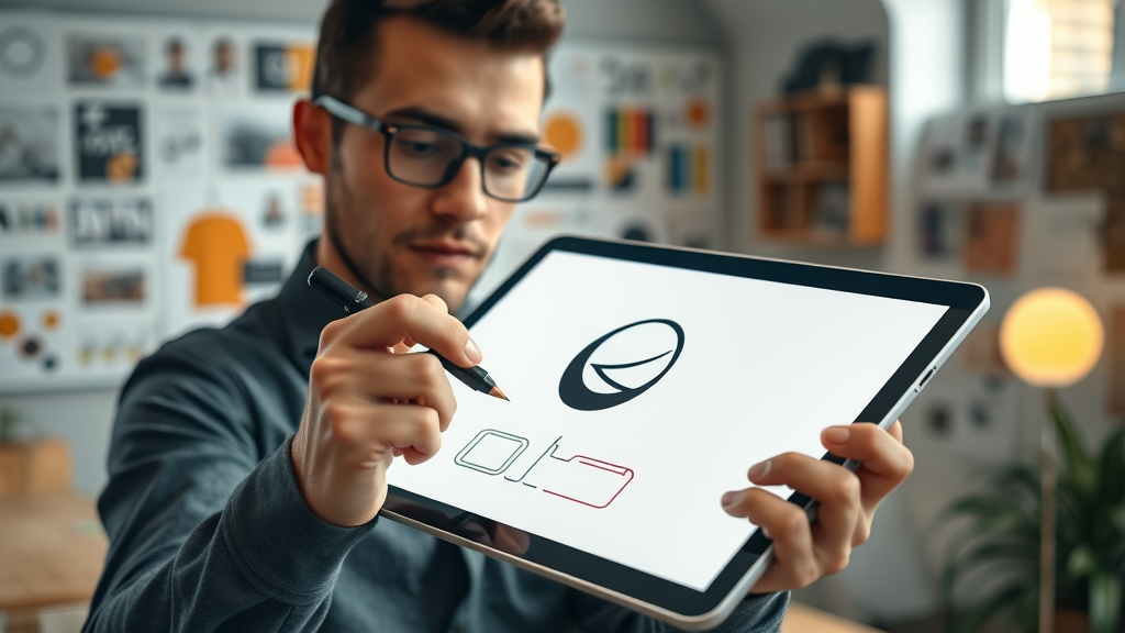 Sleek minimalistic logo design sketch, designer drawing a logo concept on a professional tablet in a design studio with color palettes and mood boards, rich colors and natural lighting.