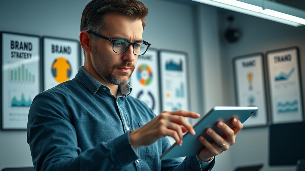 Confident marketing strategist mapping out brand strategy on digital tablet with business charts in a corporate workspace, directional LED lighting and motivational posters.