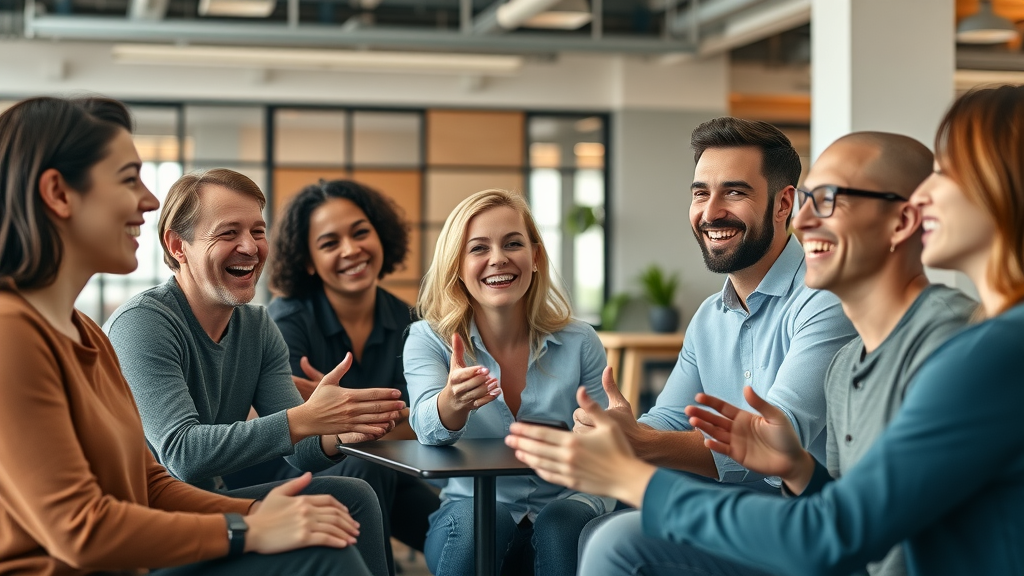 Inspiring workplace culture with happy employees laughing during a casual team meeting in an open office with brand colors and creative decor, vibrant palette, and warm lighting.