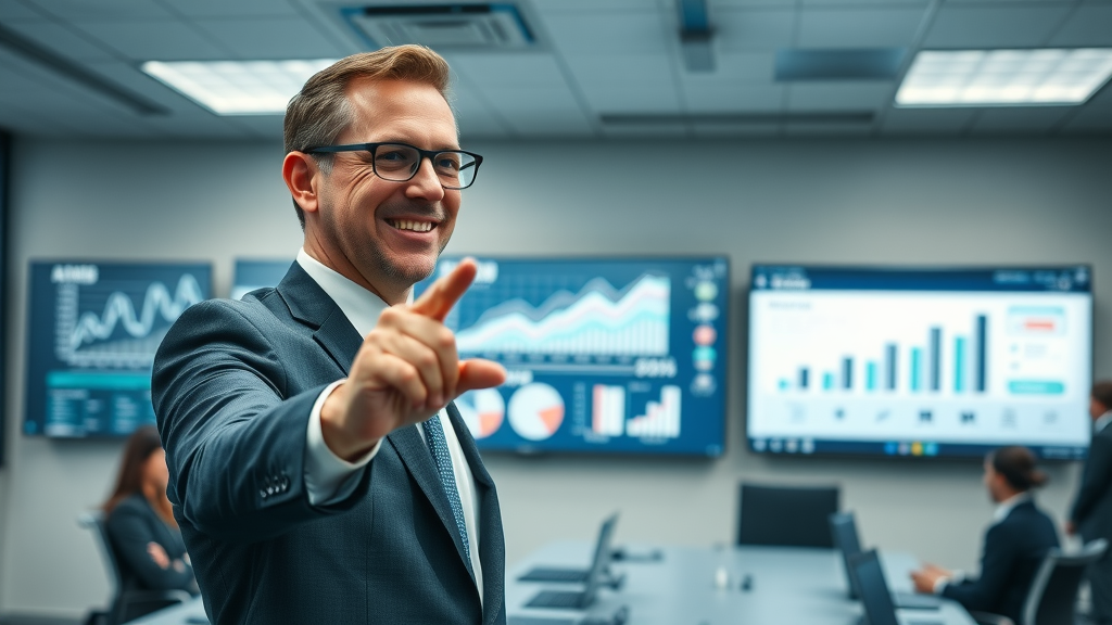 Executive pointing to a digital chart of brand value metrics in a conference room with digital screens and bright lighting, showing brand equity comparison.