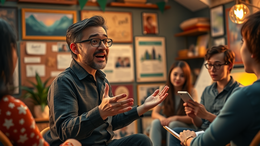 Engaging storyteller marketer presenting a compelling brand story to a small group, cozy creative space with vision boards and storytelling props, warm creative lighting.