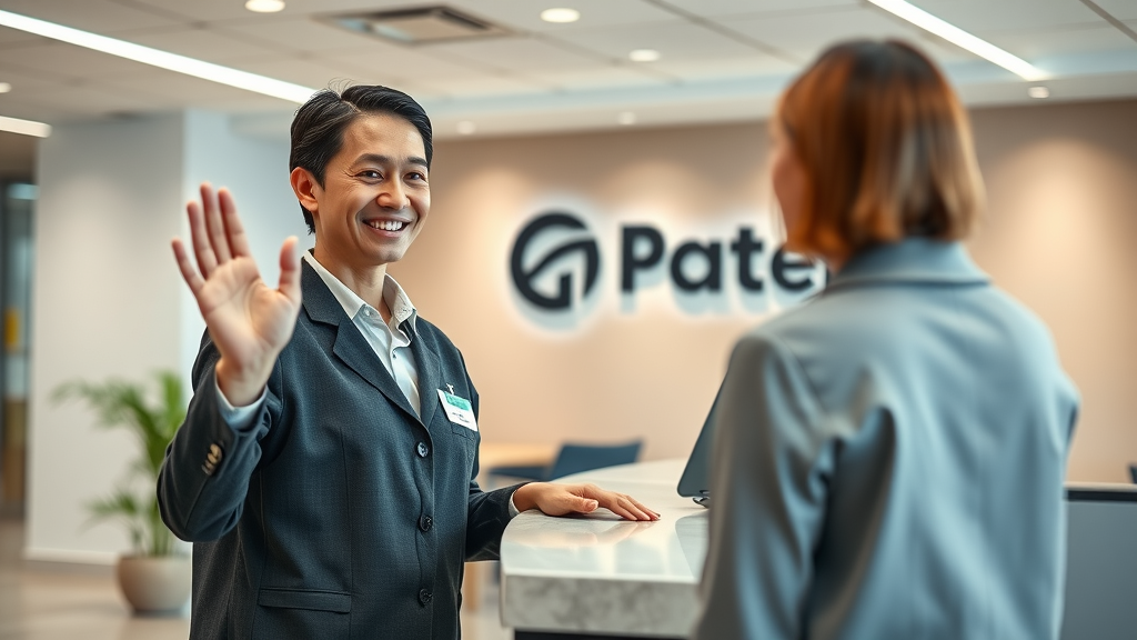 Friendly customer service representative greeting a customer across a branded reception counter in a contemporary office lobby with company logo wall, fresh corporate colors.