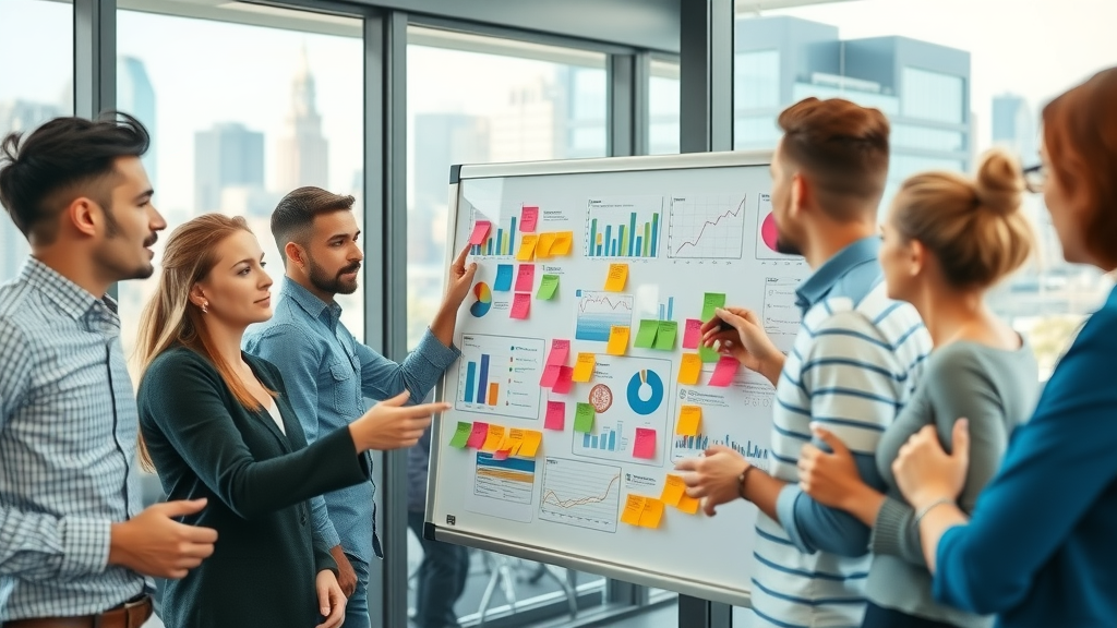 Dynamic team of marketers collaborating on content marketing strategy with colorful charts and sticky notes in a modern office