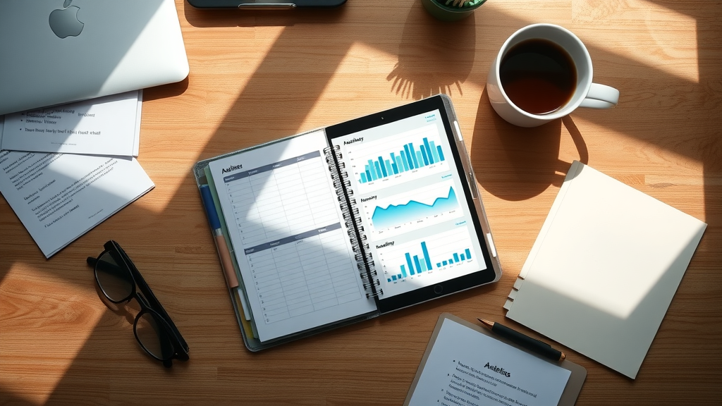 Flat lay of digital marketing tools for planning a content marketing strategy