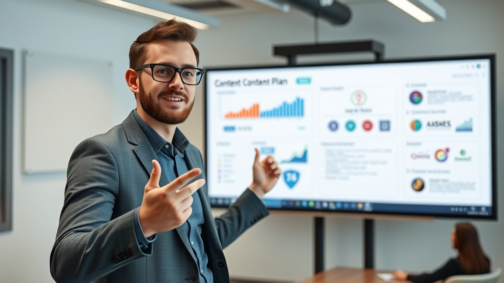 Educated digital marketer presenting content strategy data and flowcharts to a team