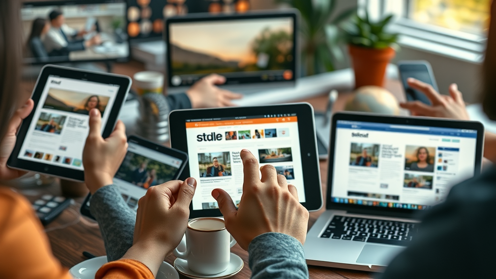 Collage of different content types and formats on digital devices for modern marketing strategy