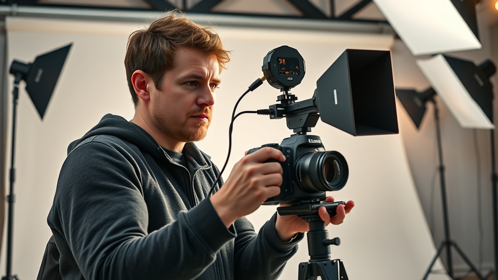 Ambitious content creator setting up video content with lighting and props in studio for effective content marketing strategy
