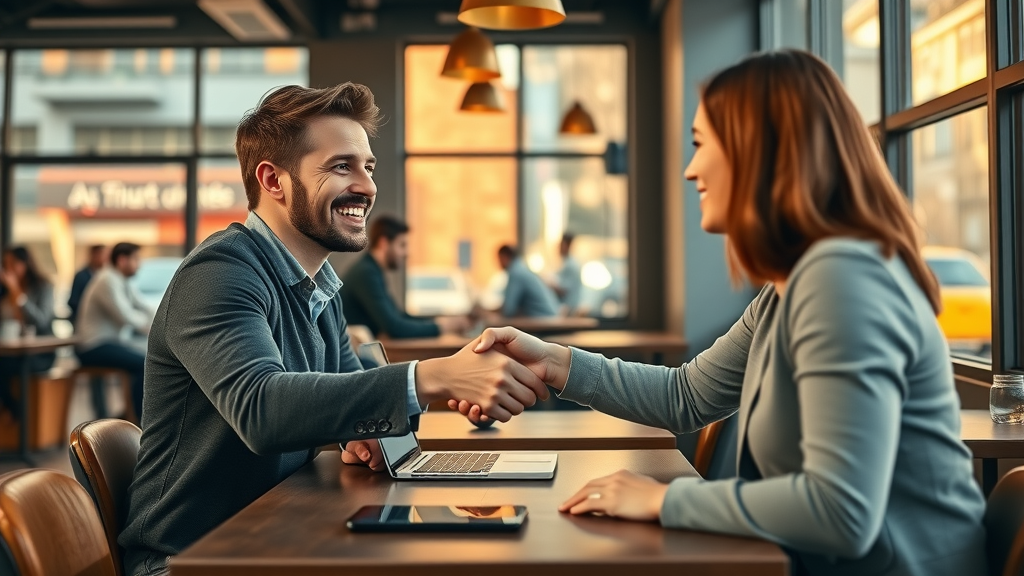 Marketer networking with influencer in café for content marketing distribution strategy