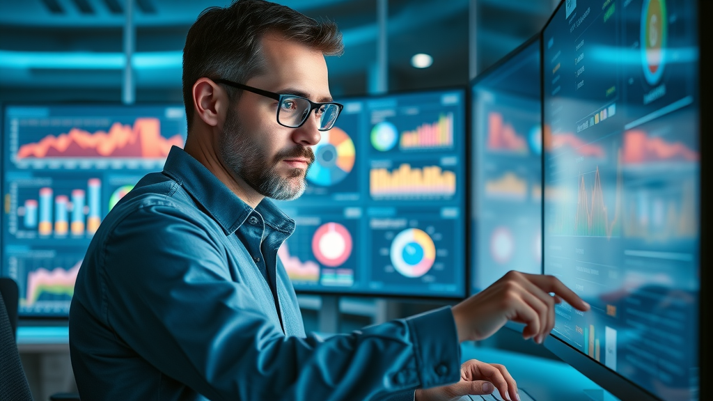 Focused analytics expert reviewing key performance metrics for content marketing strategy optimization