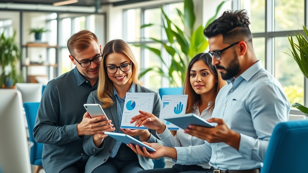 Diverse professionals collaborating on social media marketing strategies, analyzing digital statistics in modern office workspace