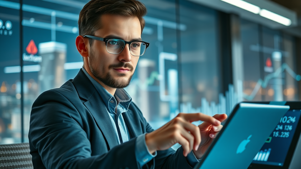 Digital marketer creating a modern social media marketing plan with digital devices and cityscape background