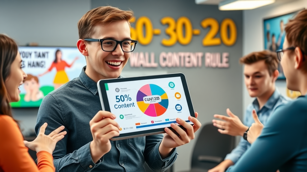 Animated marketer presenting 50 30 20 content rule for engaging social media strategy via infographic pie chart