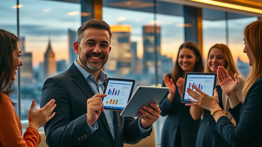 Brand manager celebrating successful social media marketing strategy results with cheerful team in modern boardroom