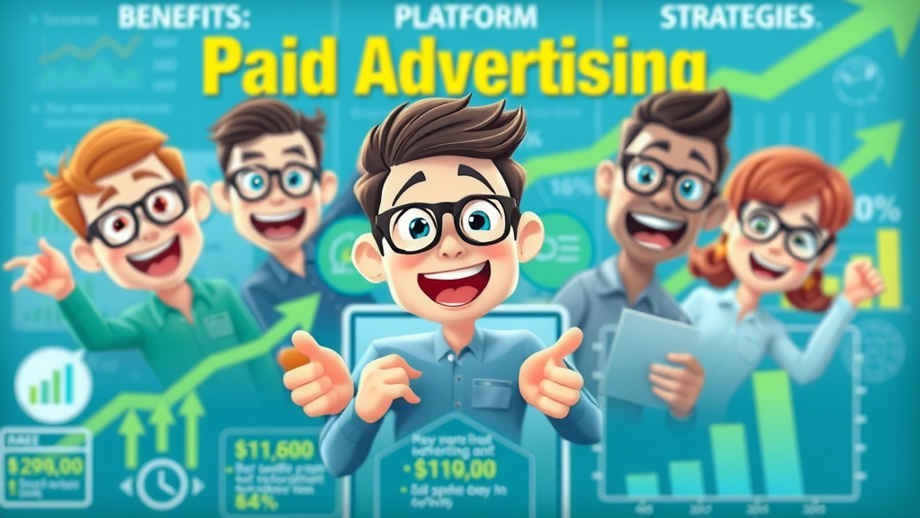 Paid advertising infographic showing benefits, platforms, strategies, and campaign growth arrows and data visuals.
