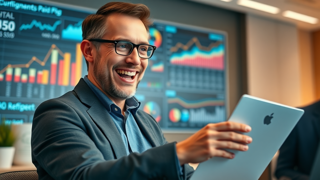 Business owner analyzing paid ad campaign ROI dashboard and celebrating performance improvements.