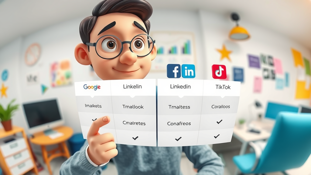 Digital marketing icon comparison of Google Ads, Facebook Ads, TikTok Ads, LinkedIn Ads showing key platform differences.