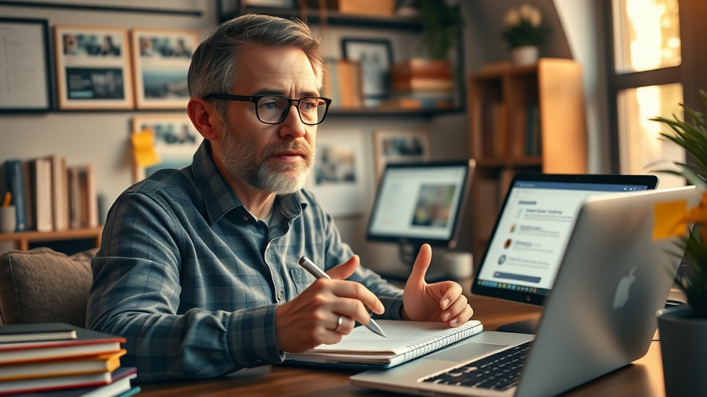 Copywriter brainstorming paid advertising copy, drafting headlines and calls to action for digital ad campaigns.