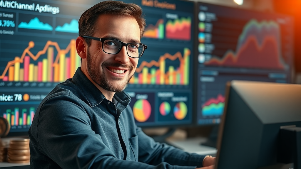 Marketing analyst recalibrating multichannel paid advertising budgets on dual monitors with growth charts displayed.