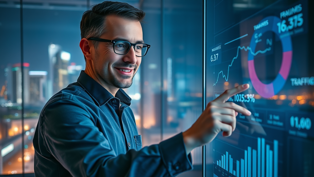 Marketing specialist analyzing paid ad analytics on a futuristic dashboard, interpreting conversion rates and traffic data.