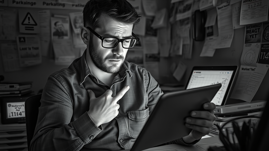 Disappointed marketer reviewing failed paid ad campaign metrics in a cluttered workspace of outdated devices and unoptimized ads.