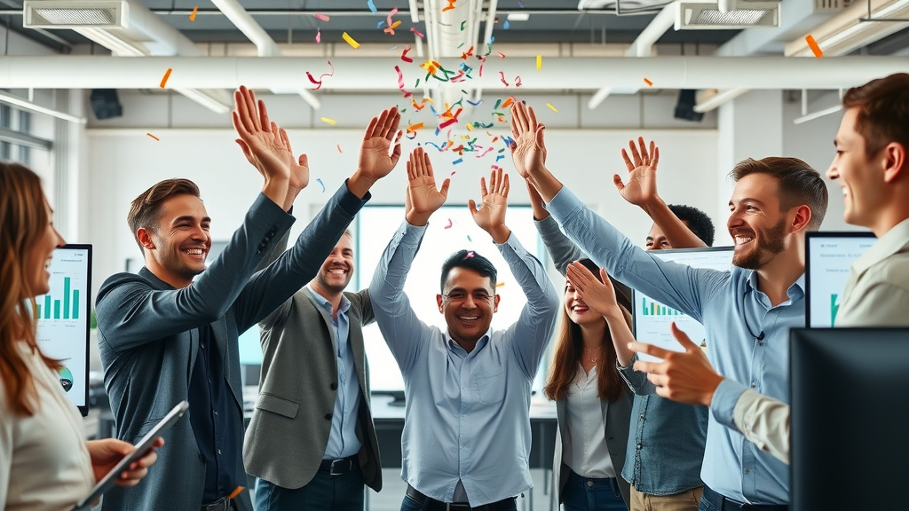 Agency team celebrating successful paid advertising campaign results with smiles and high-fives in digital office.