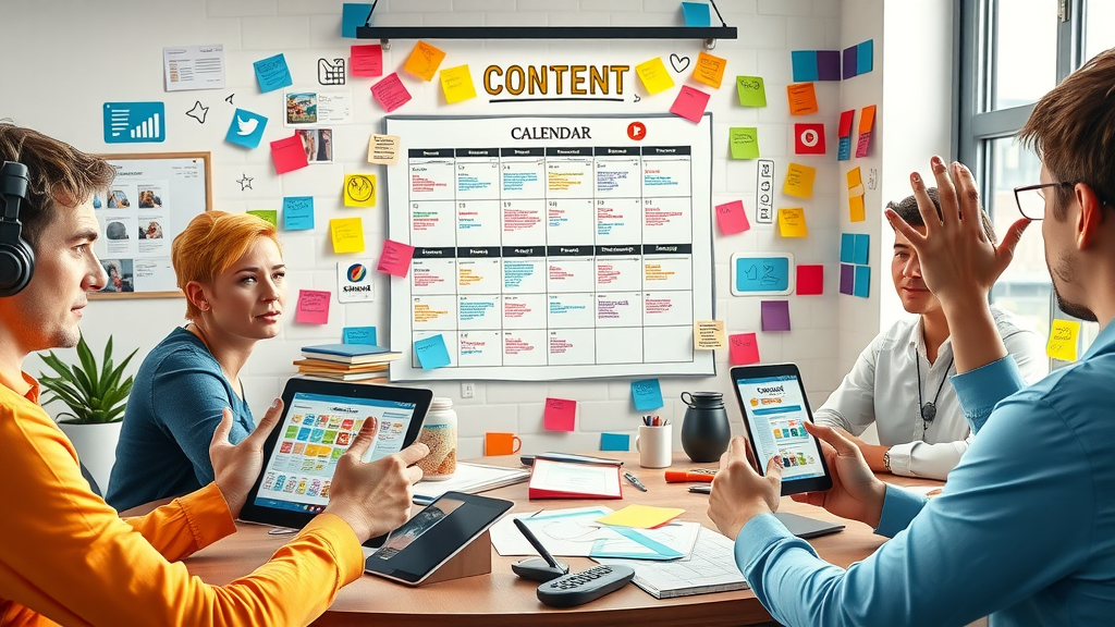 social media content strategy, content calendar planning, media marketing, creative team at work, diverse platforms
