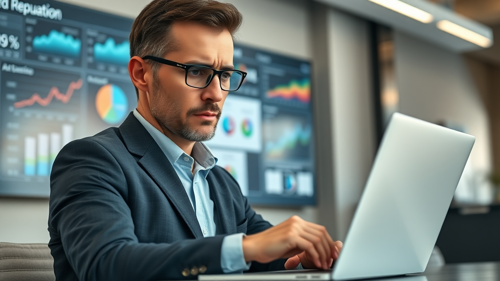 Concerned business professional reviewing online reputation management reports on a laptop in a modern office with digital dashboards. Photorealistic, highly detailed. No disfigured limbs.