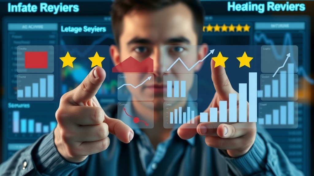 Infographic showing negative and positive review icons with hands pointing to decline and growth charts, visual analytics, and review stars. Highly detailed, no disfigured limbs.