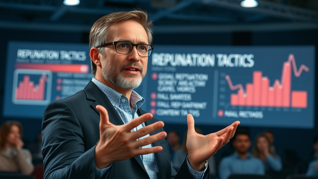 Professional marketing expert explaining online reputation management concepts to an audience in an auditorium with a digital projection. Highly detailed, confident expression. No disfigured limbs.