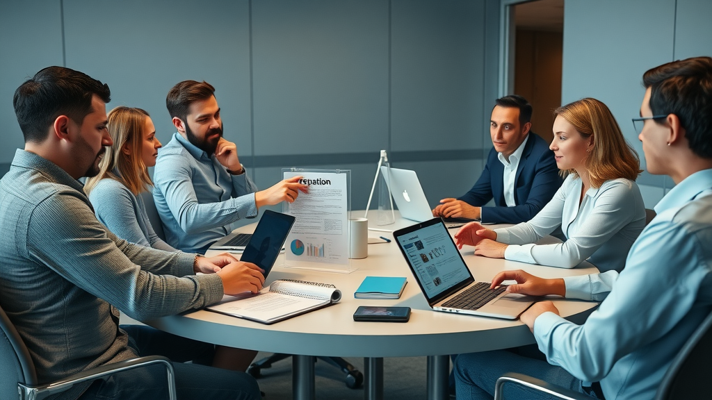 Corporate team meeting in boardroom discussing strategies for reputation management with laptops and reports. Highly detailed, natural pose, no disfigured limbs.