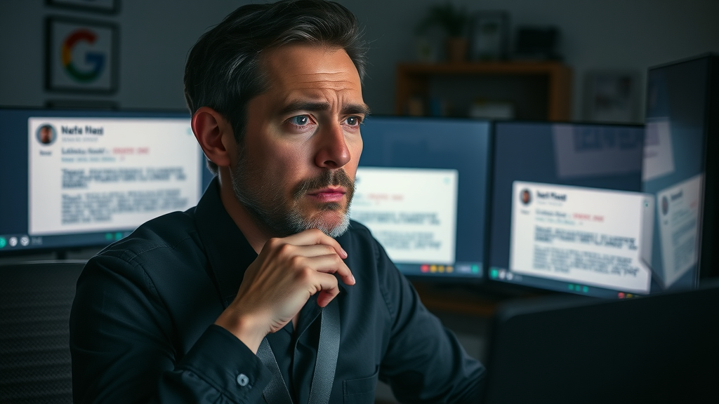 Entrepreneur monitoring multiple screens with negative reviews and alert notifications. Cinematic, darkened home office. Highly detailed, no disfigured limbs.