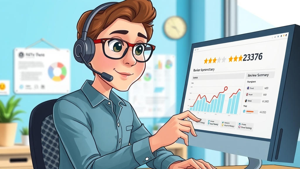Customer support representative analyzing review summary charts with notifications and smiley face icons in a vibrant workspace. Highly detailed, cartoon style. No disfigured limbs.