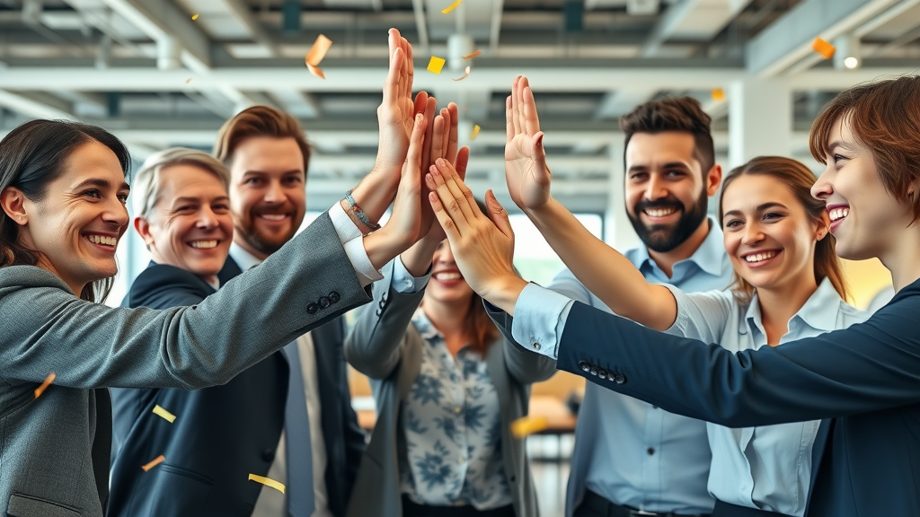 Successful corporate team celebrating positive online reputation results with review graphs and confetti. Highly detailed, natural poses, no disfigured limbs.