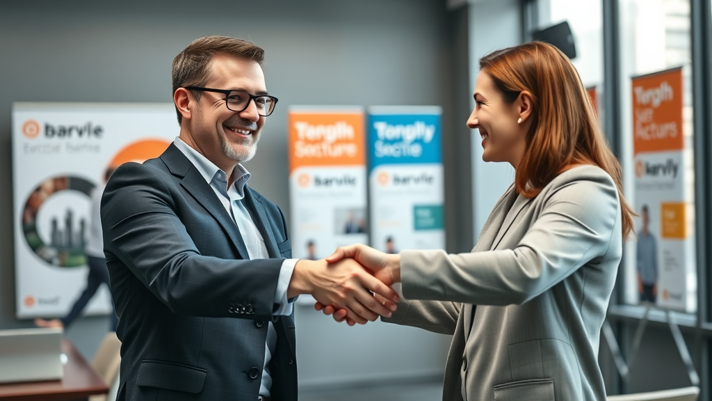 Business client shaking hands with agency consultant to seal reputation management deal in a modern conference room. Highly detailed, natural hands. No disfigured limbs.
