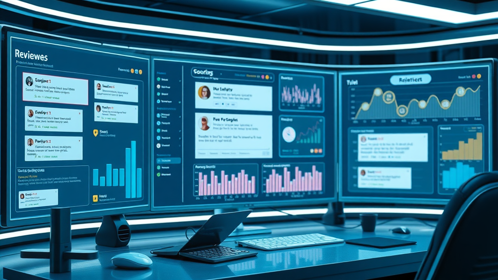 Automated review monitoring dashboard highlighting positive review alerts and analytics in a futuristic digital interface. Highly detailed. No disfigured limbs.