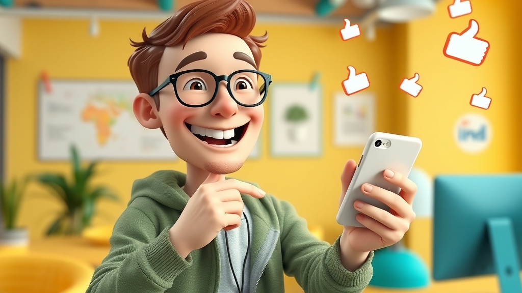 Tech-savvy marketer posting positive content on mobile in a casual coworking space with floating social icons. Highly detailed, vibrant. No disfigured limbs.