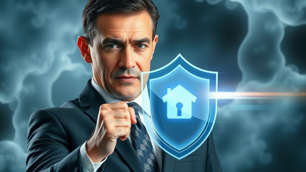 Business professional protecting a glowing digital shield symbolizing online reputation management. Cinematic, highly detailed, natural pose, no disfigured limbs.