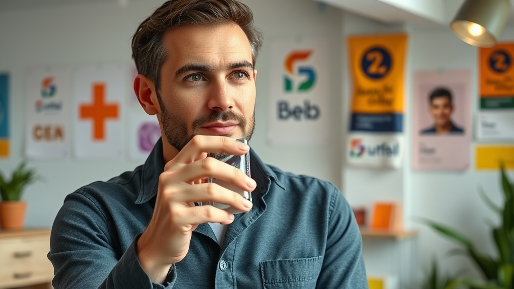 Entrepreneur presenting a branded product in a creative studio with colorful branding elements in the background.