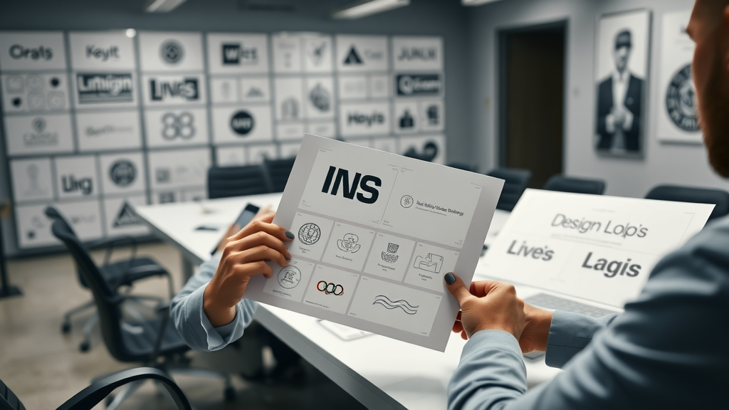 Sleek logo design mockups and agency team reviewing layouts in a professional boardroom.
