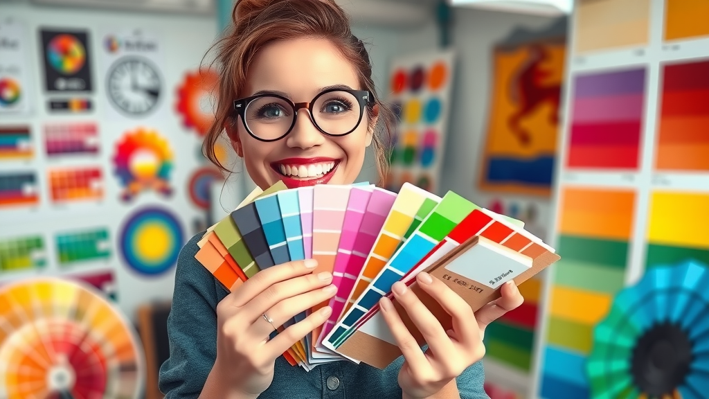 Creative designer selecting a vibrant color palette in a bright art studio setting.